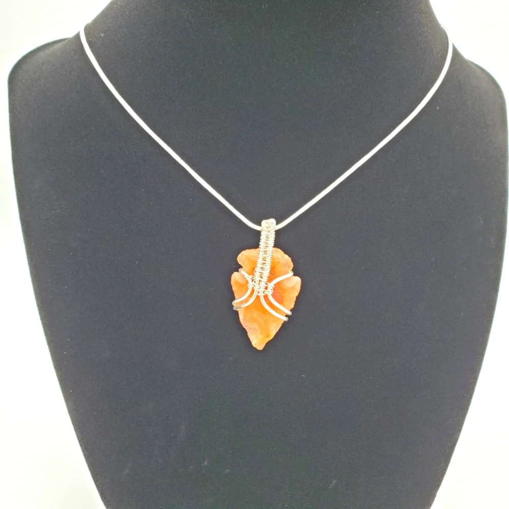 Handmade silver wrapped carnelian arrowhead with 925 silver necklace